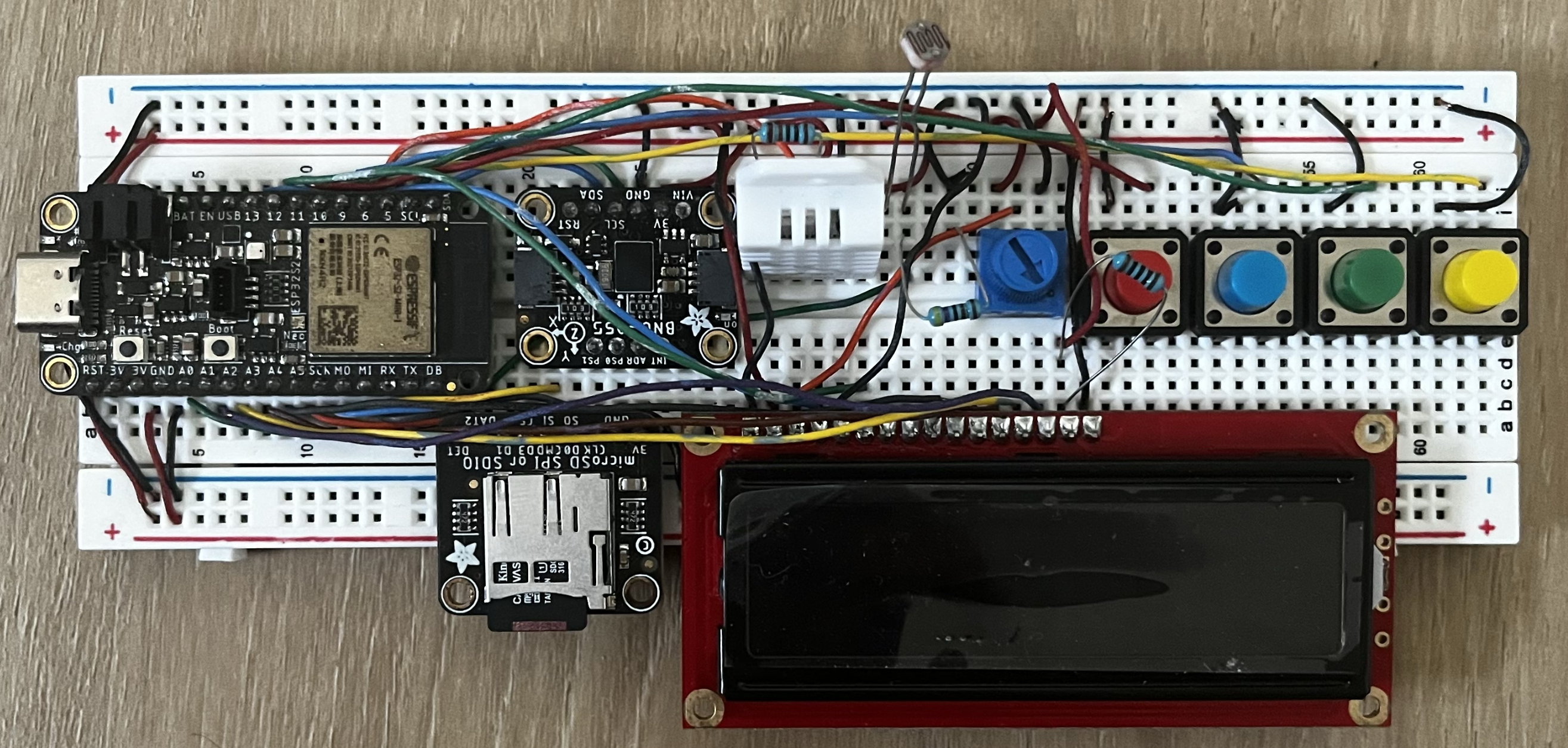 RTOS data logger breadboard with an ESP32-S2, sensors, an SD card module and an LCD