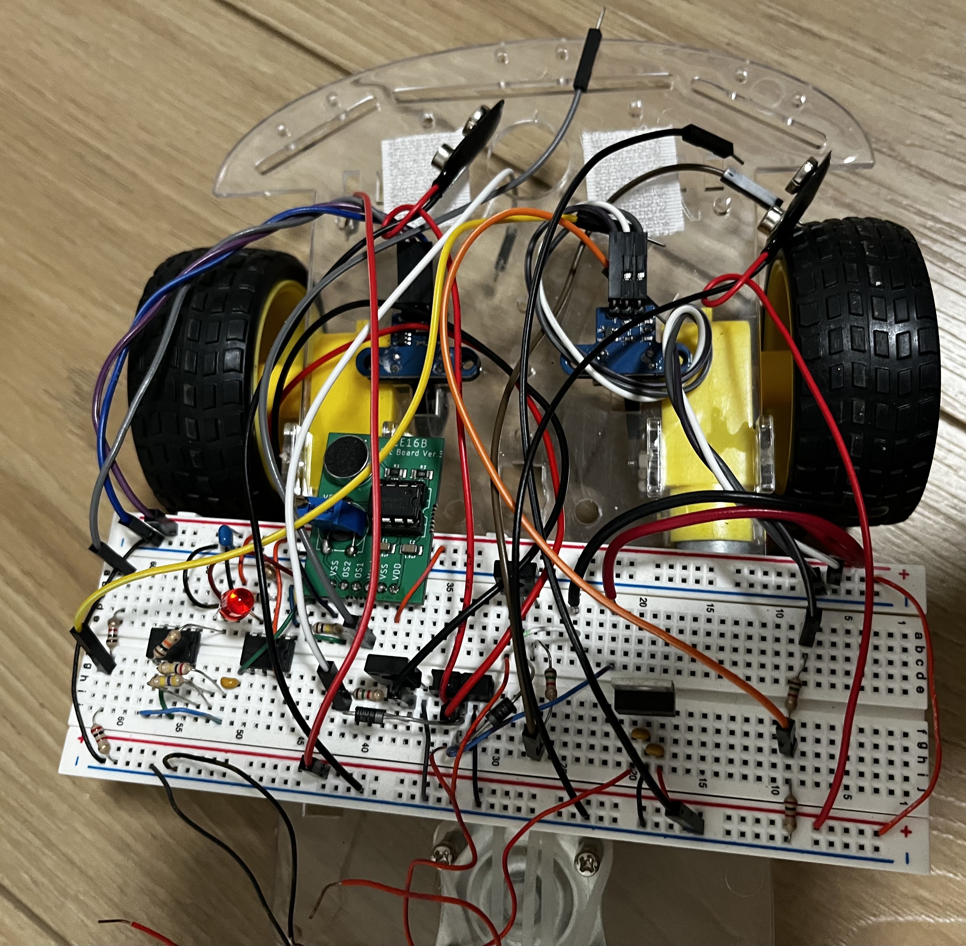 Voice controlled car with wheels, breadboard and wiring